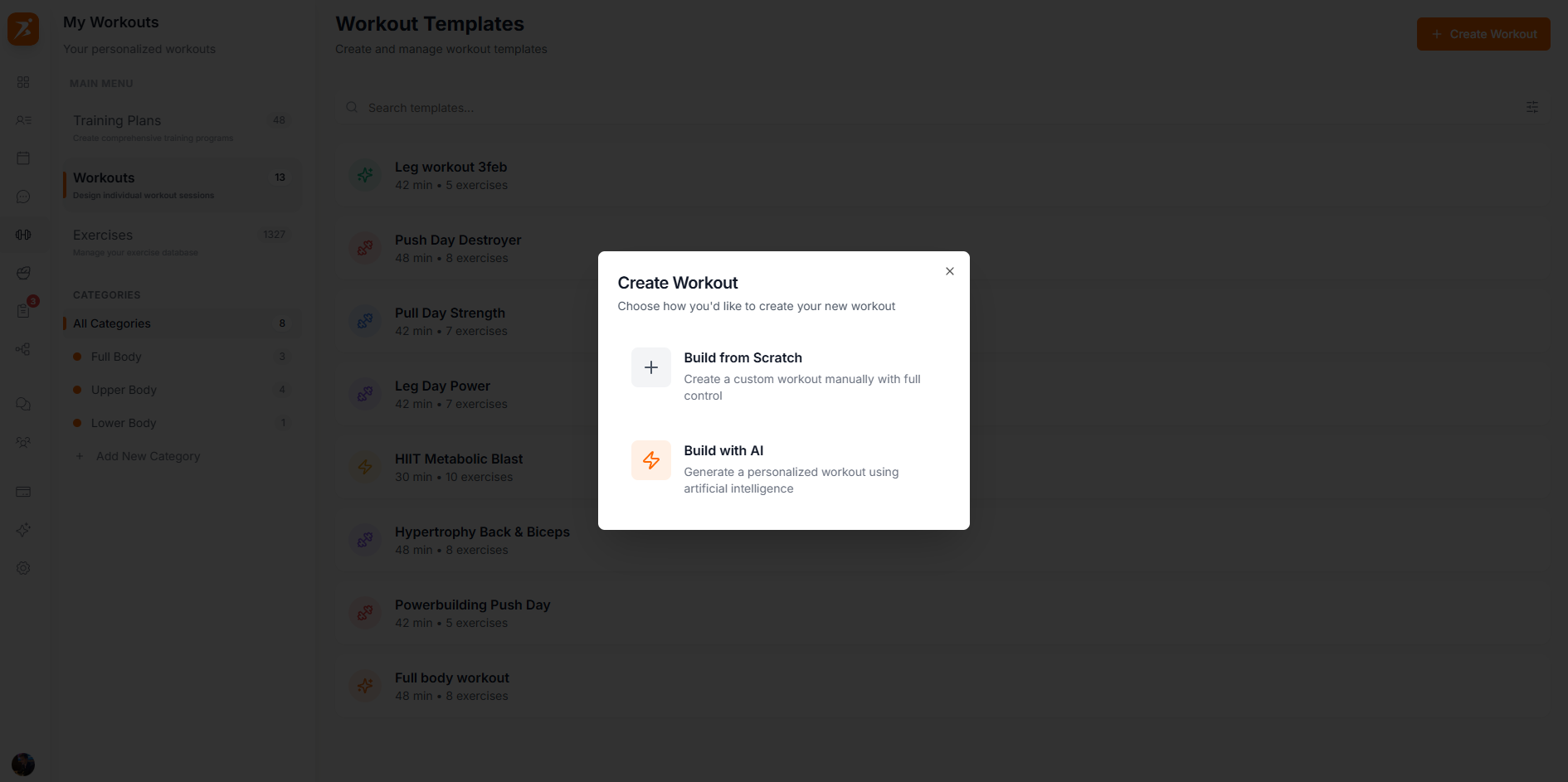 Create workout dialog