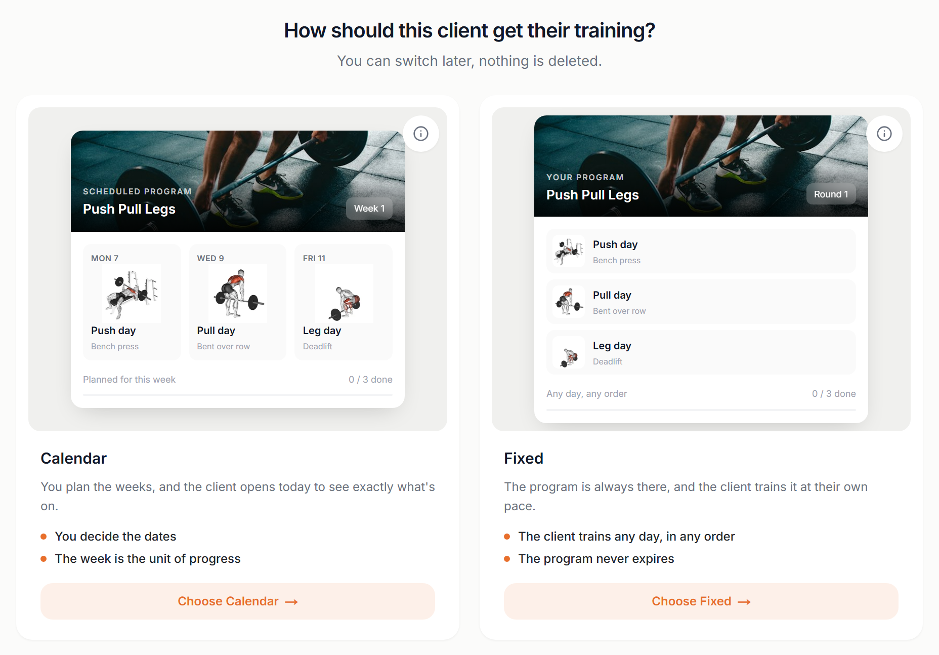 The Calendar and Fixed cards on a client's Training tab