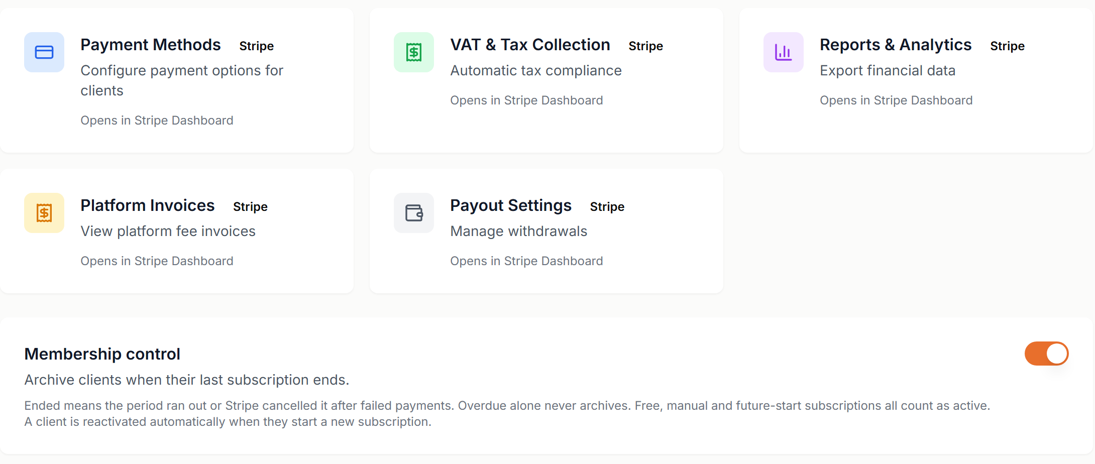 The Settings cards and Membership control