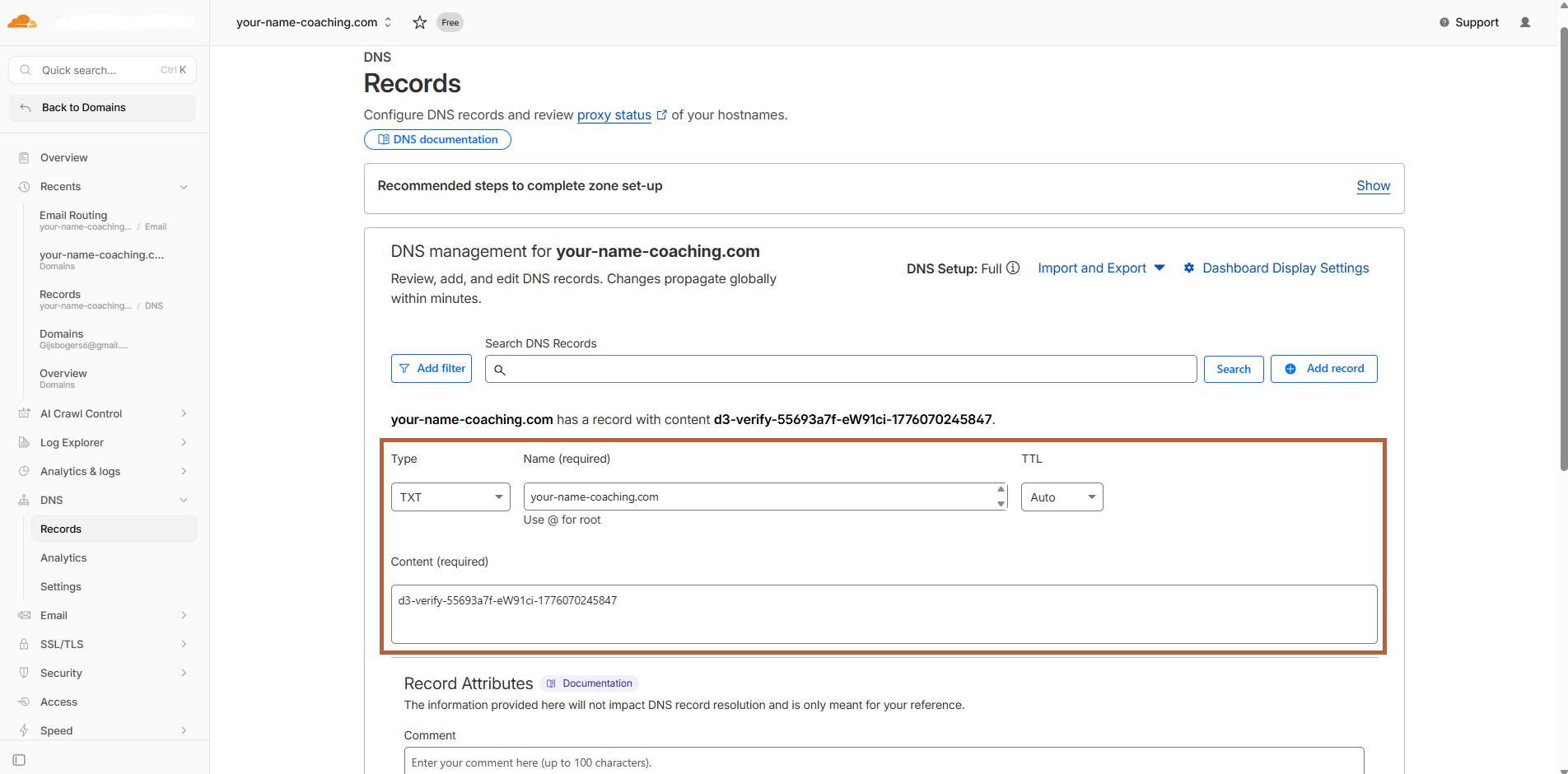 Adding TXT record in Cloudflare DNS panel