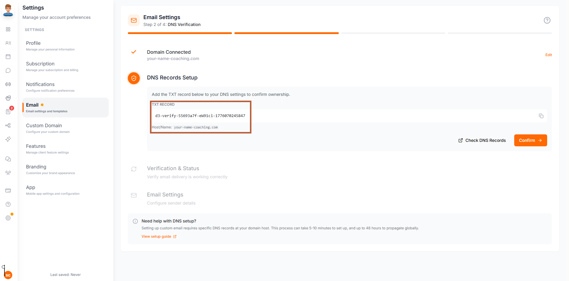 TXT verification record shown by Scraler