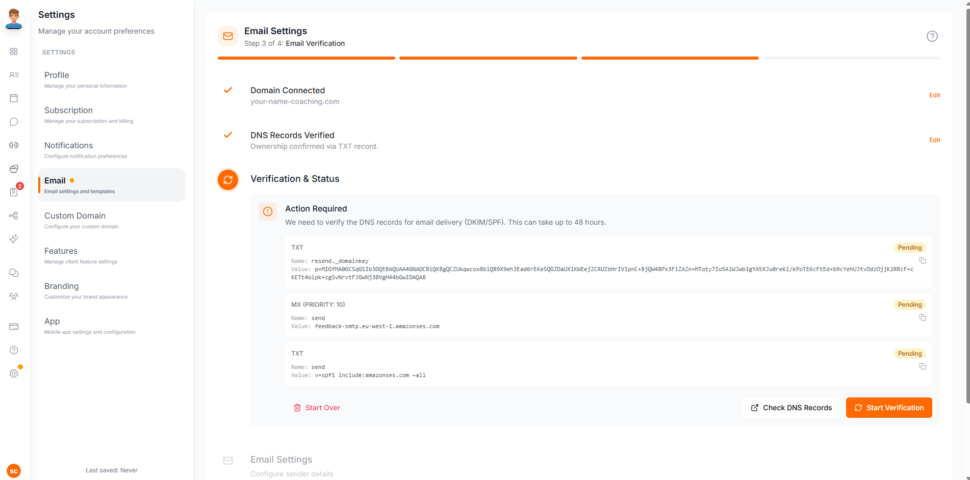 Verification & Status step showing Action Required