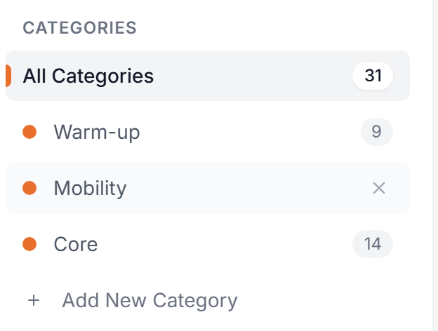 The category list in the sidebar, with the delete button showing on one category