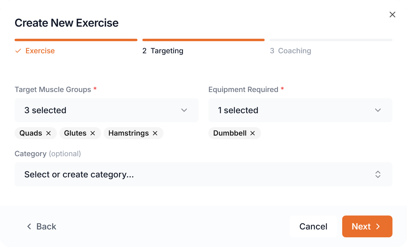 Step 2: muscle groups, equipment and category