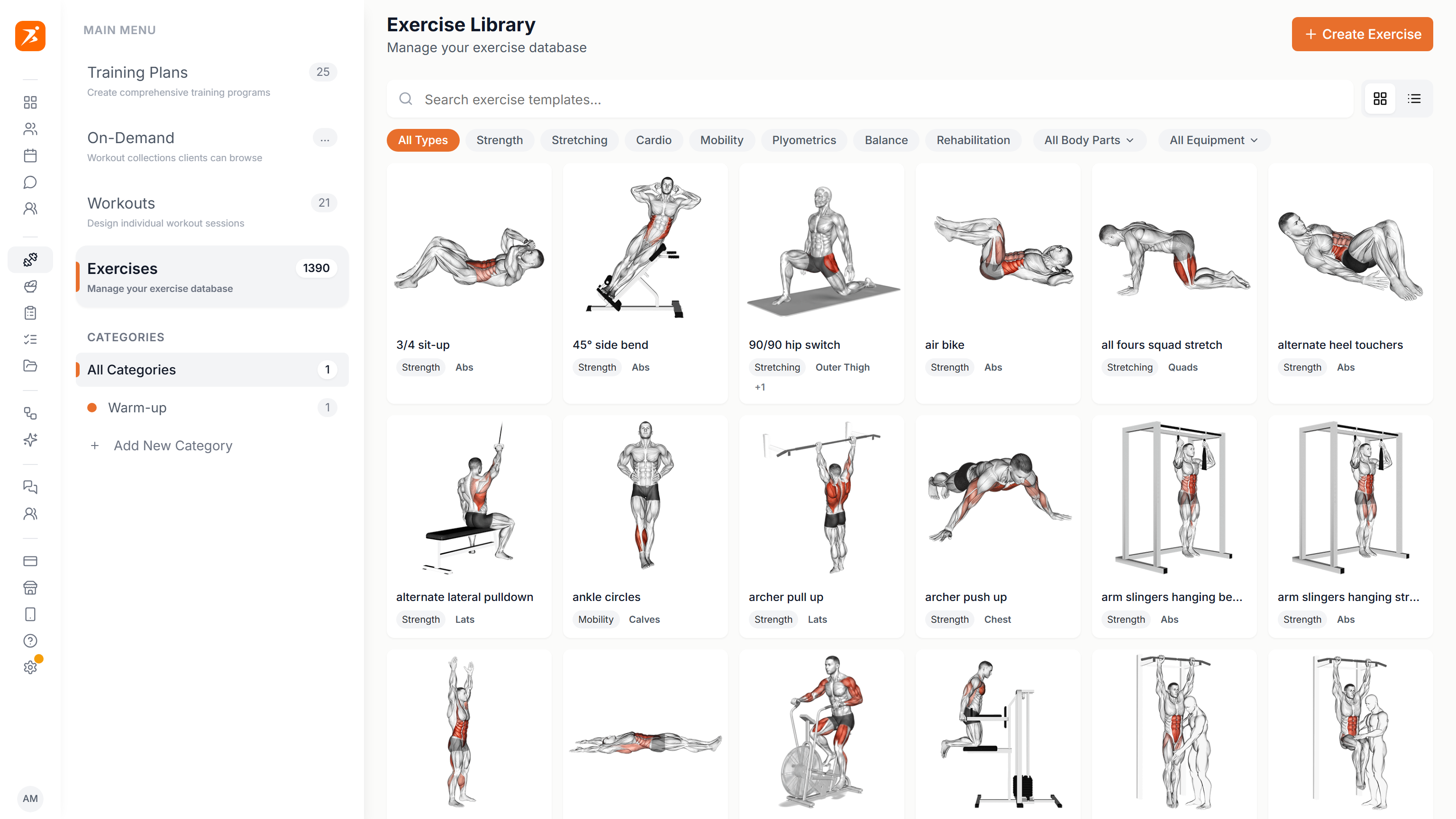 The exercise library with filters and categories