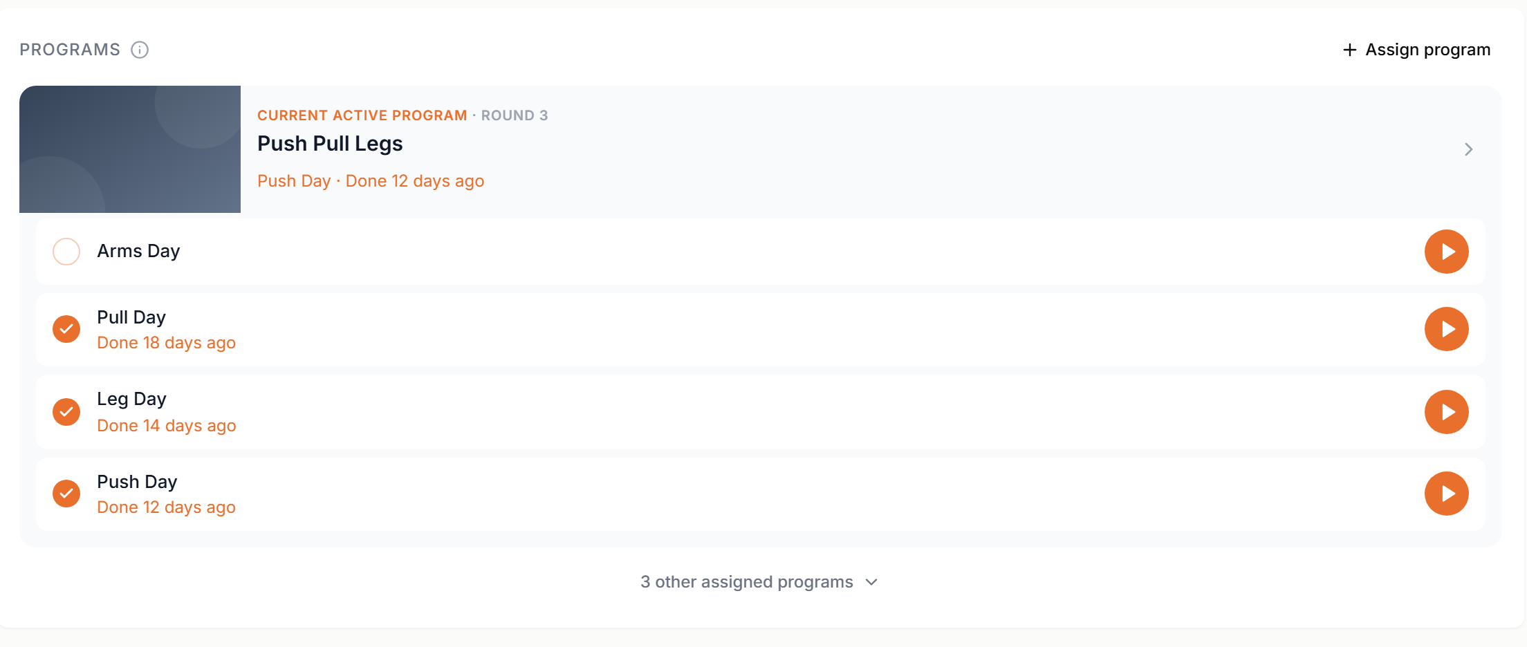 The Programs panel on a client’s Training tab