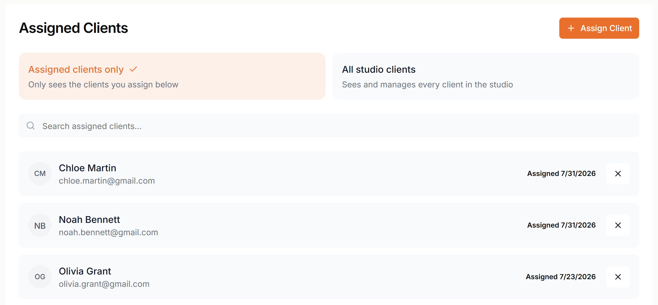 A manager's Assigned Clients tab