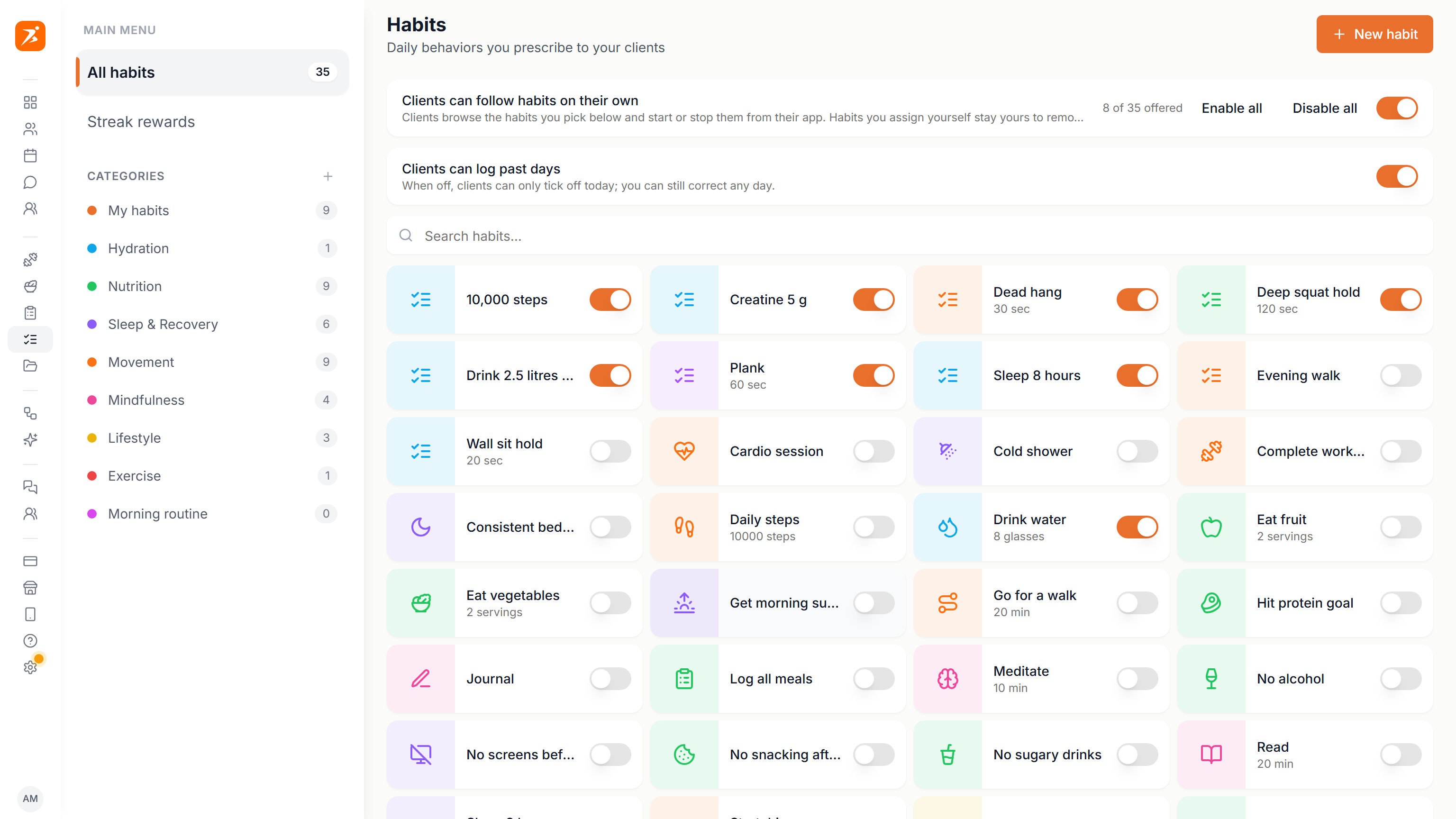 The Habits page with categories and the habit grid