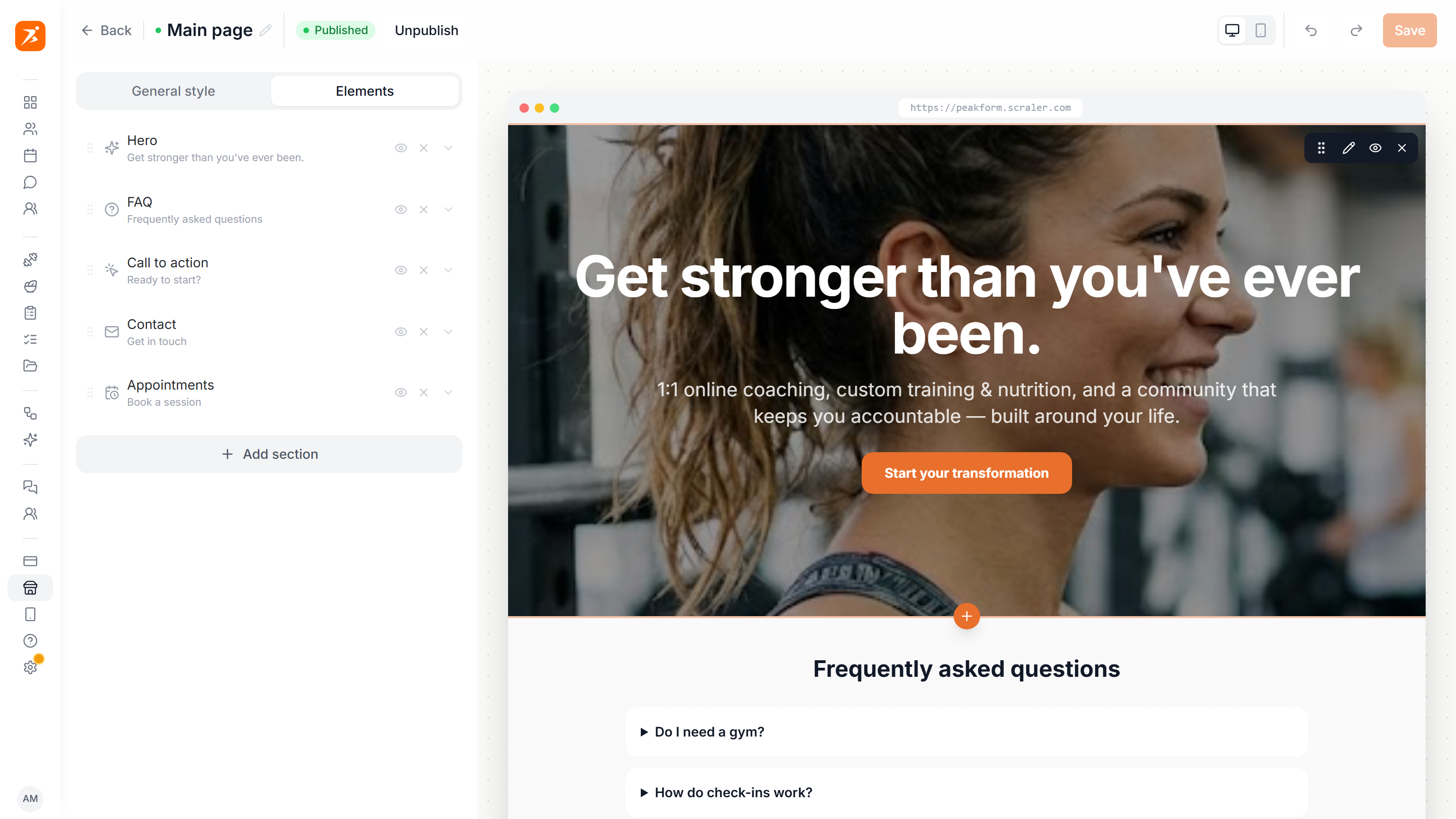 Landing page builder with the Elements rail and the live preview