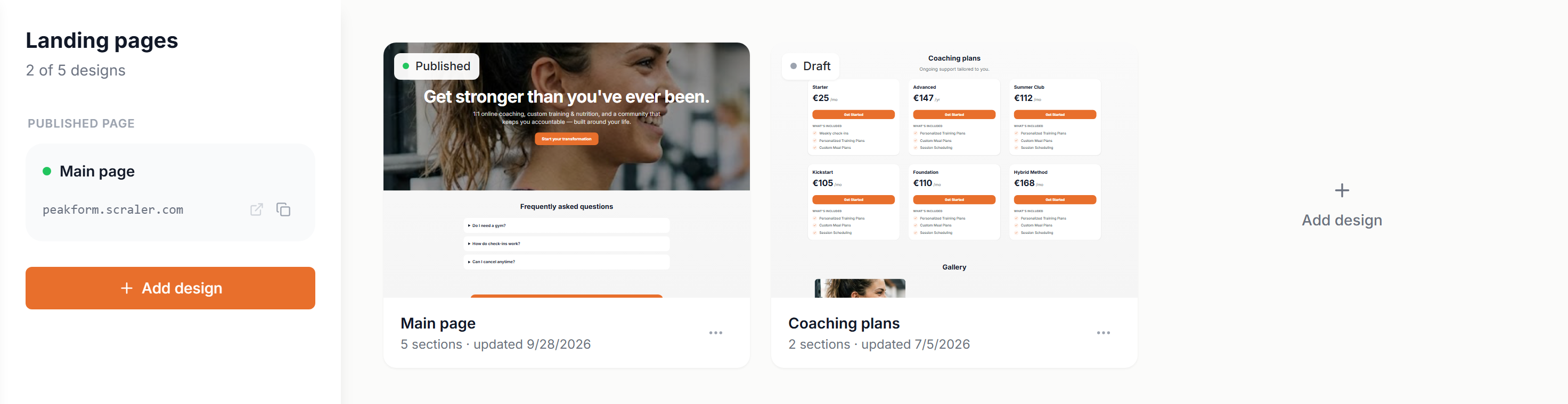 Landing pages list with the published page and three designs