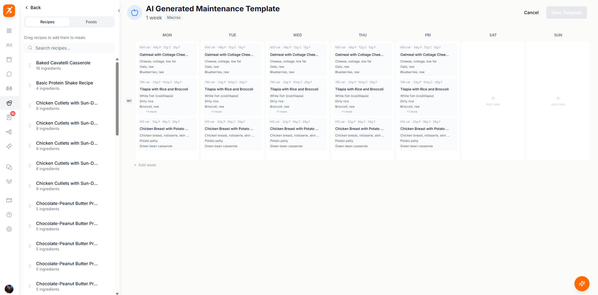 Meal plan builder interface