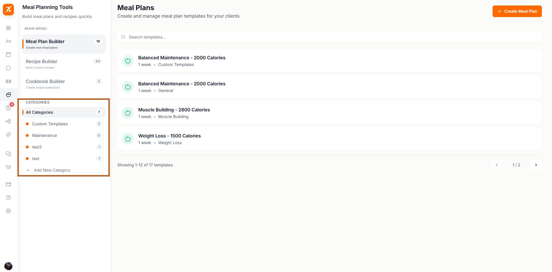 Meal plan categories