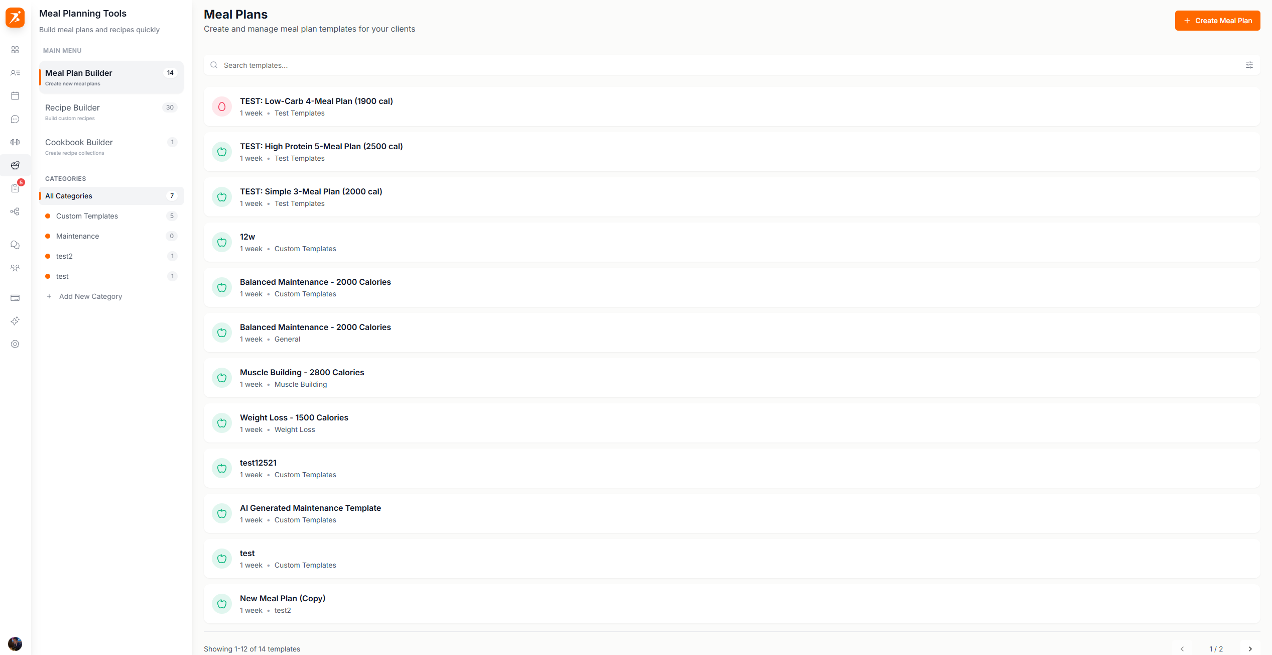 Meal plans list view