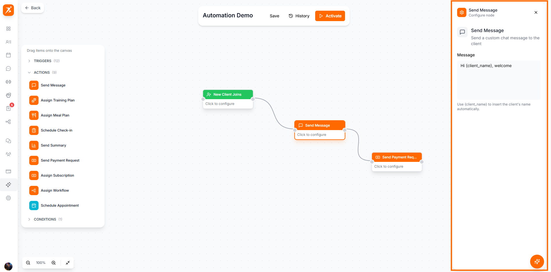 Node configuration panel