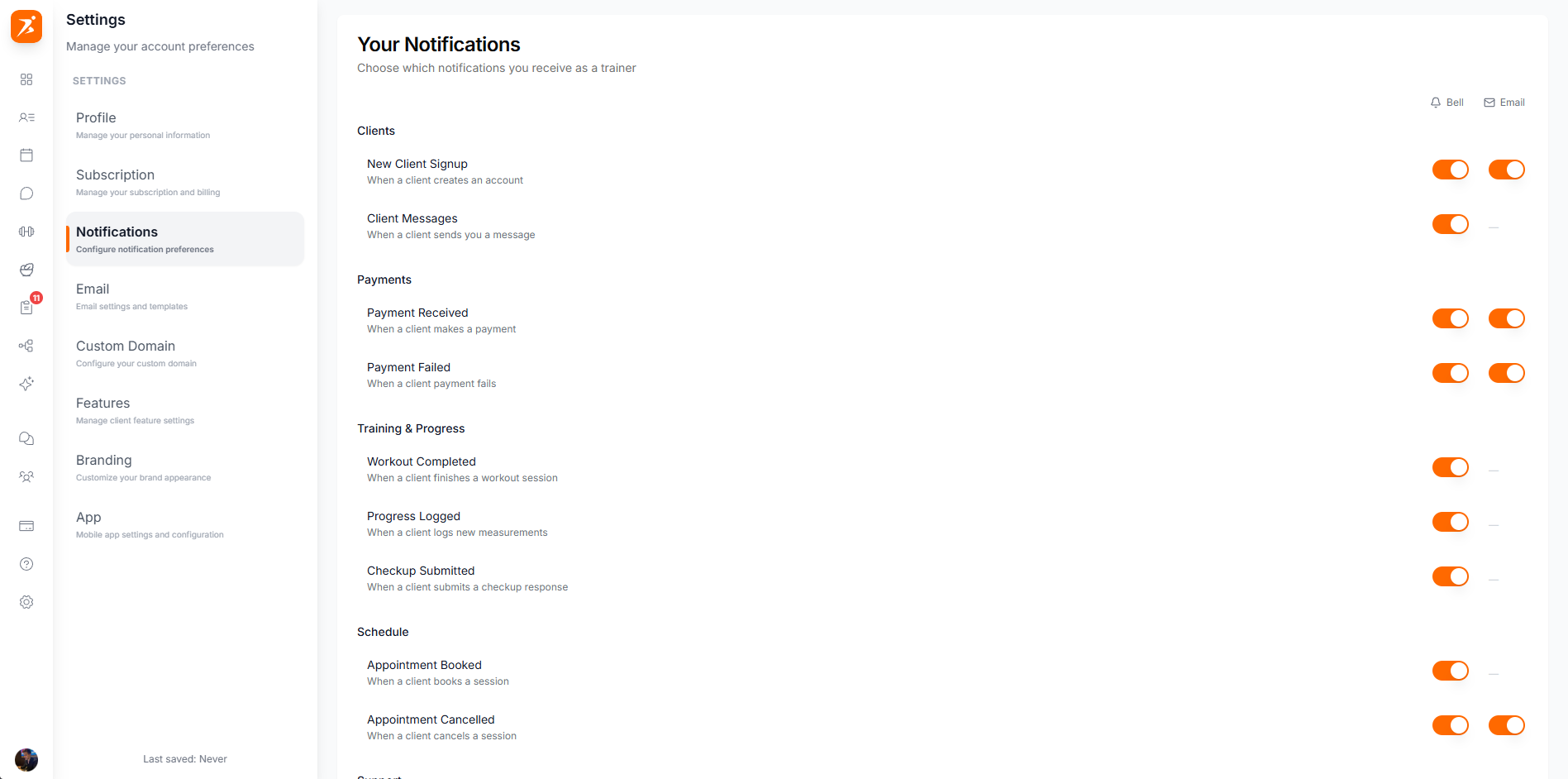 Notification settings page