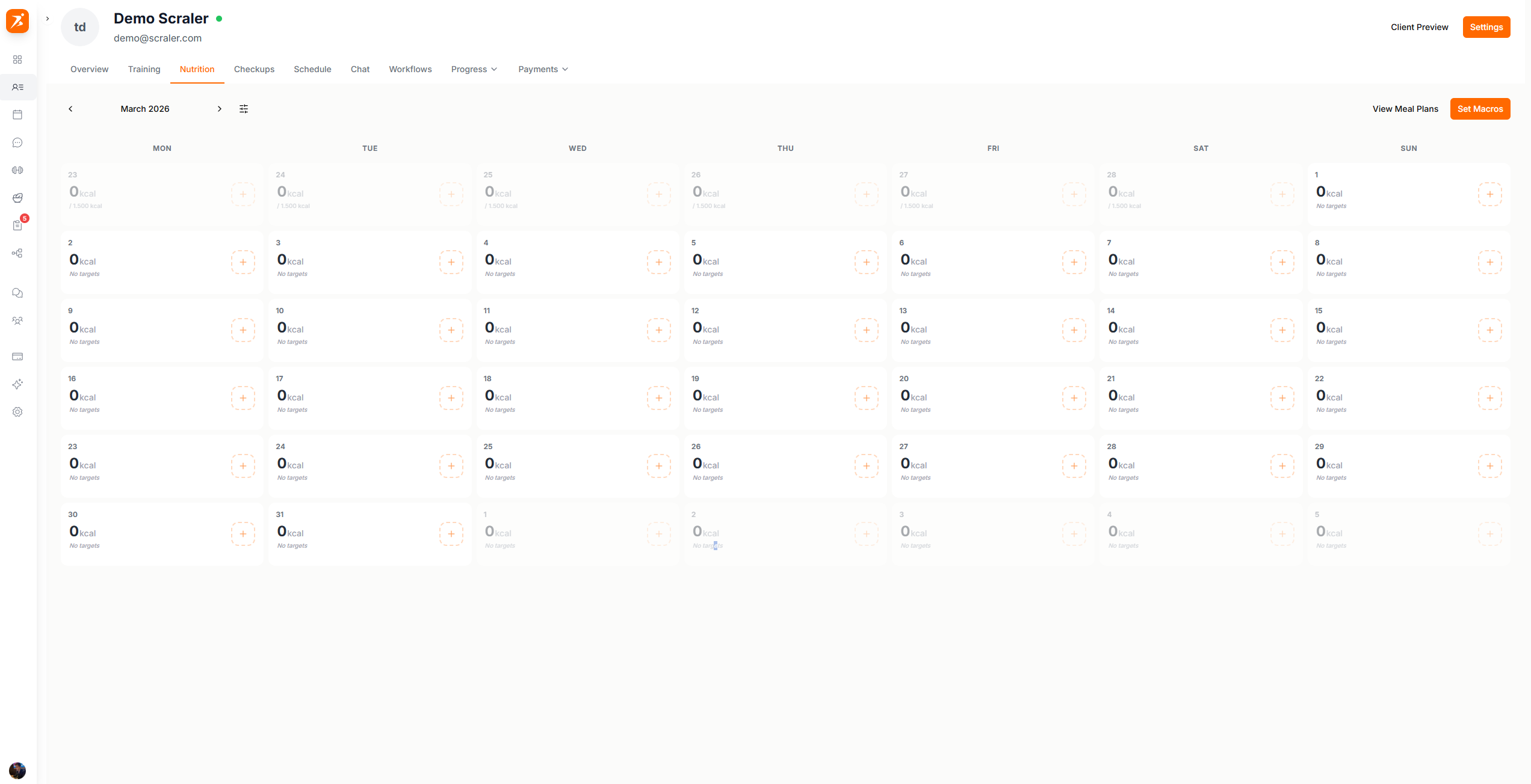 Client nutrition calendar