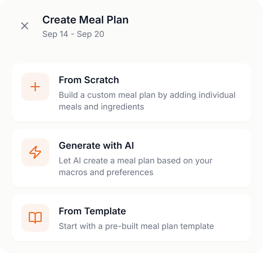 The Create Meal Plan options