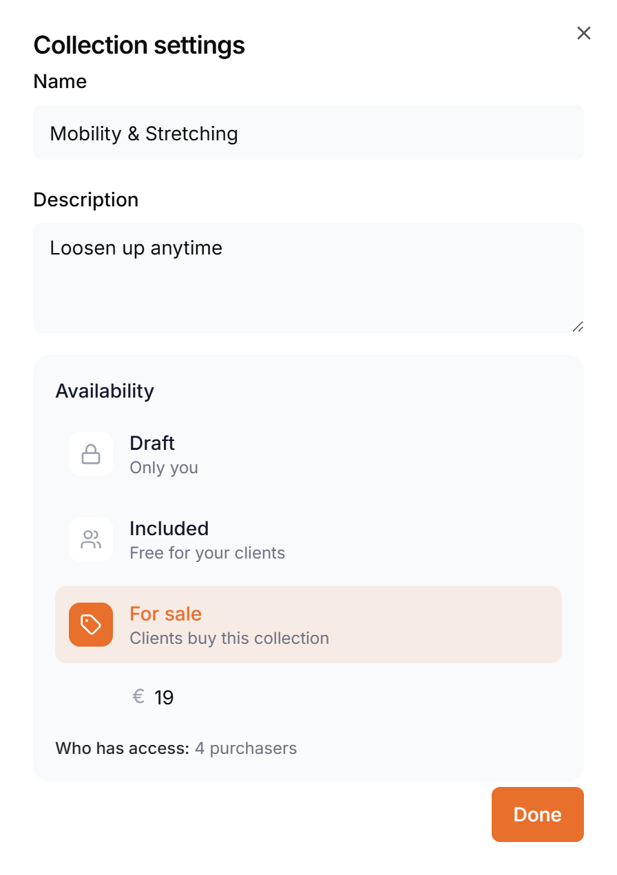 Collection settings with the Draft, Included and For sale options