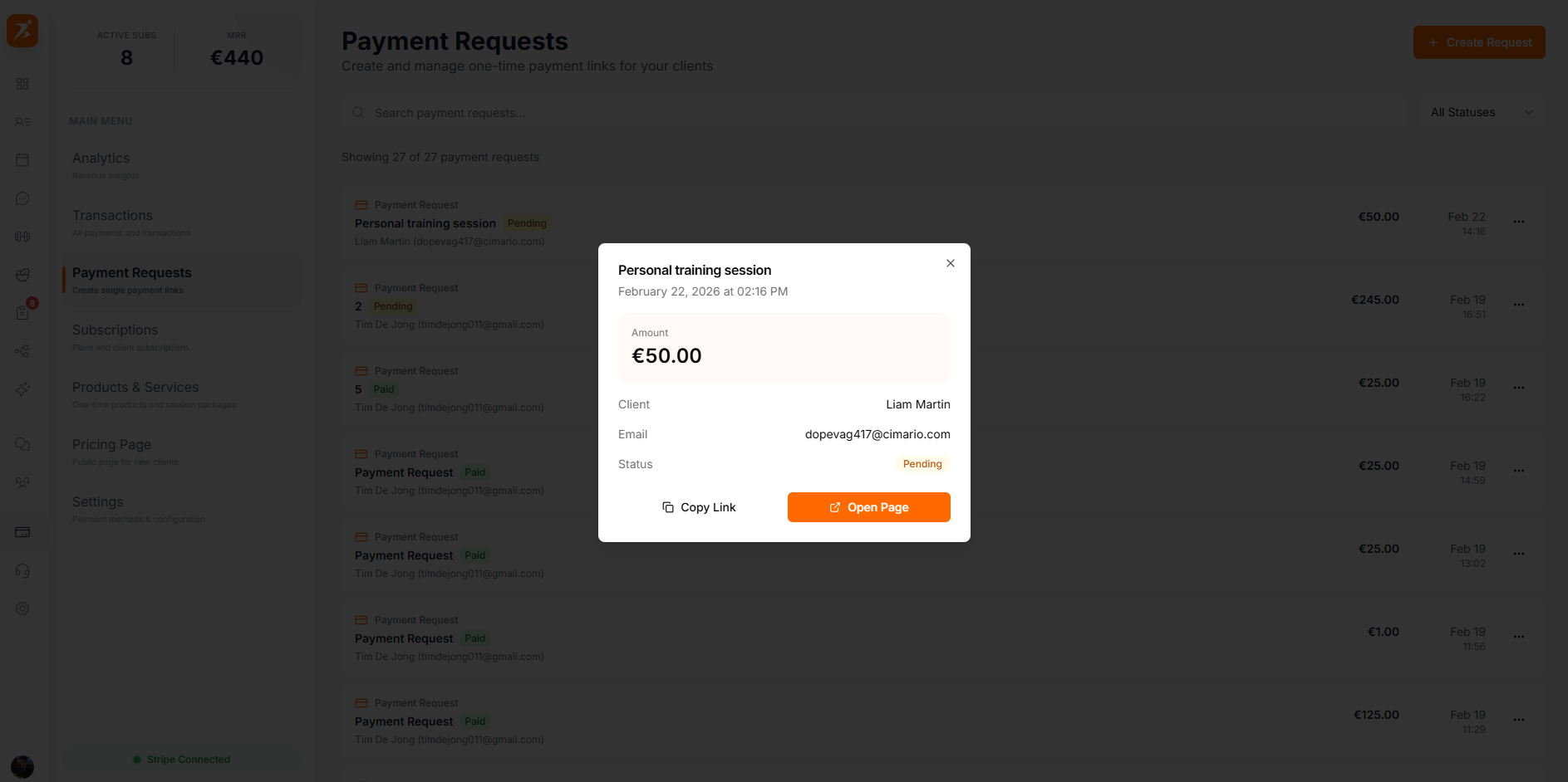 Payment request with shareable link