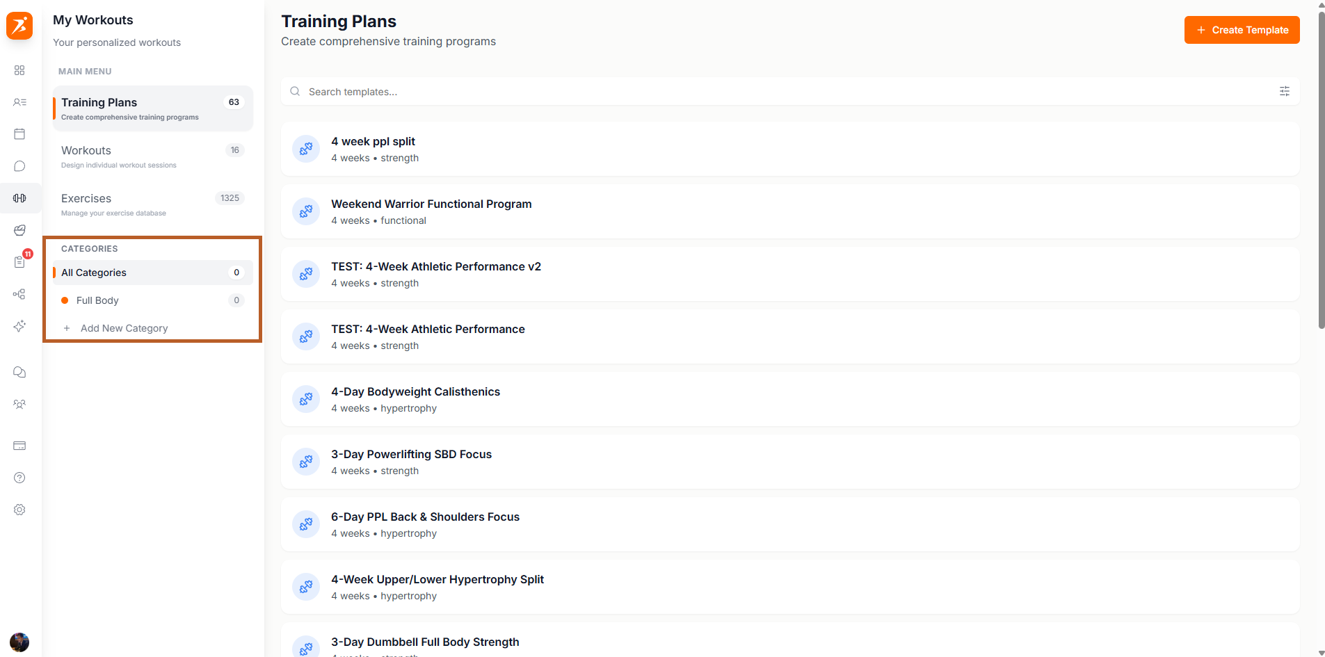 Training plan categories