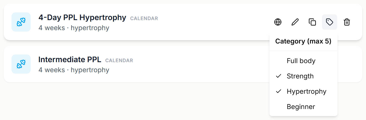 The tag menu on a plan with the category list