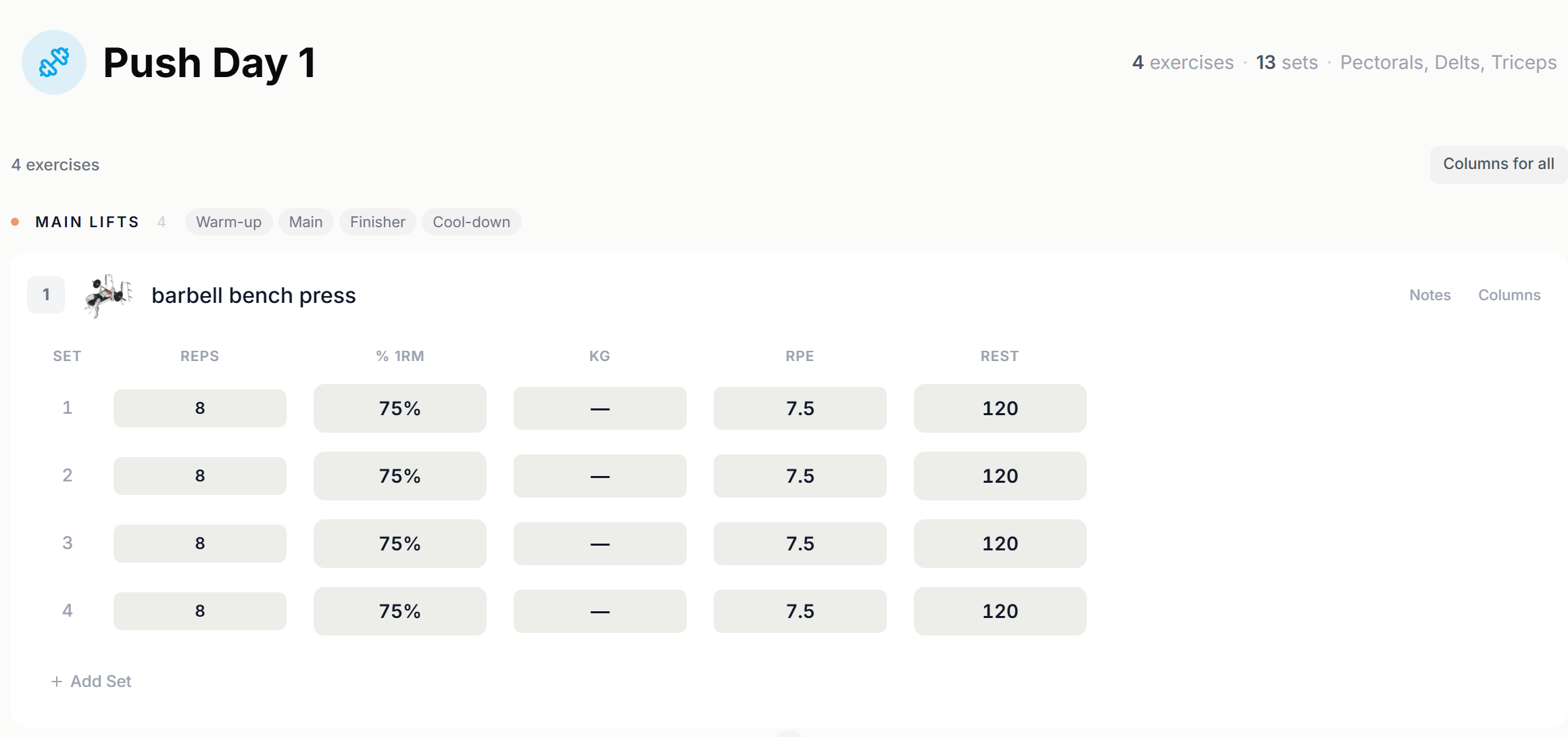 A plan workout with a section and the sets table