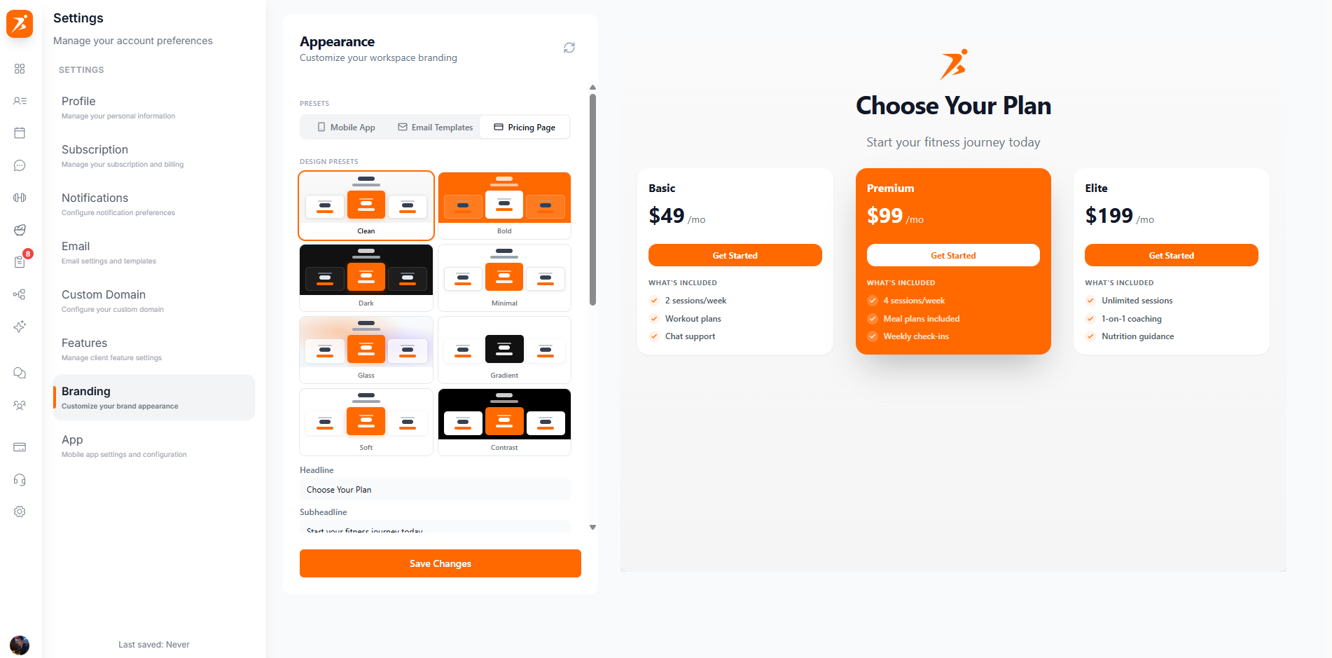 Pricing page customization