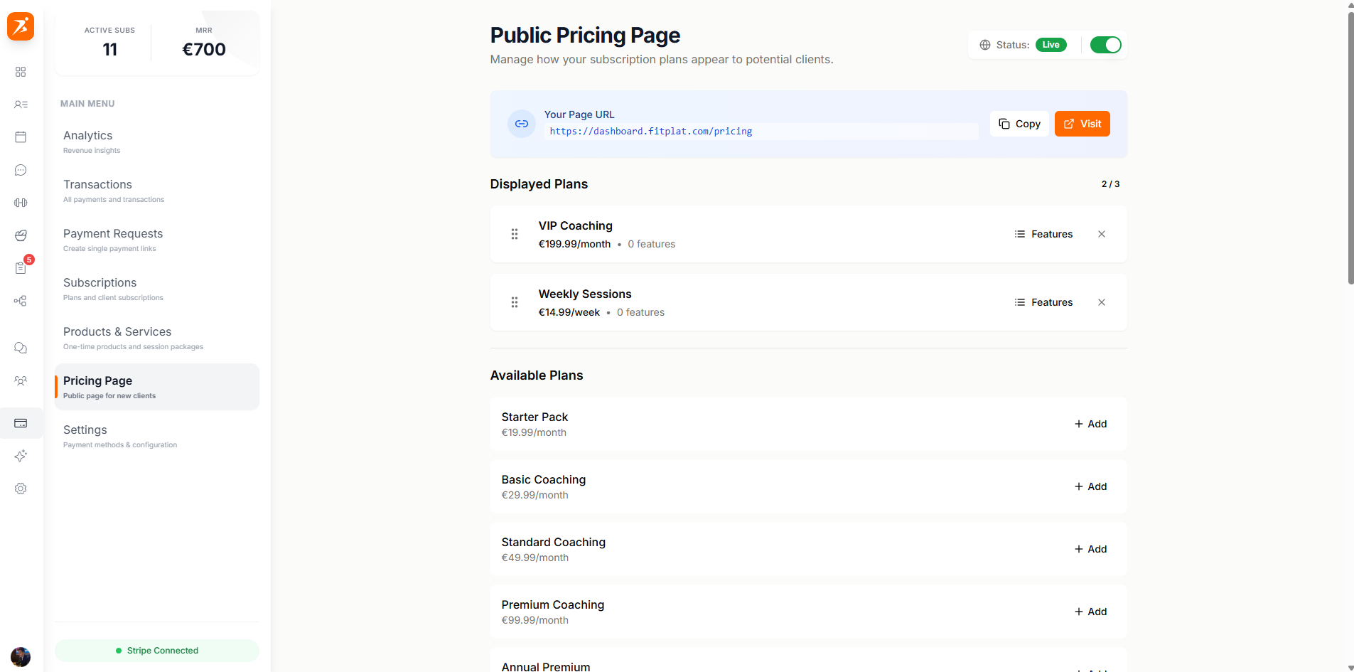 Public pricing page builder