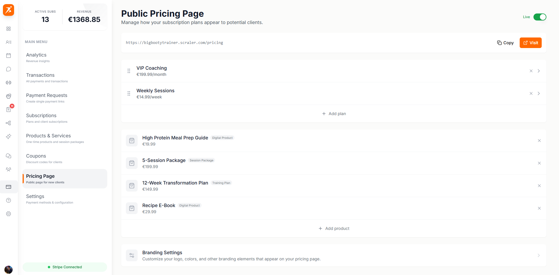 Pricing page settings