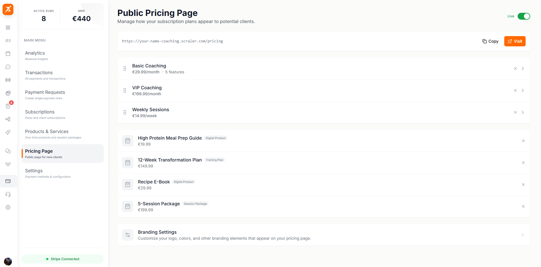 Pricing page settings