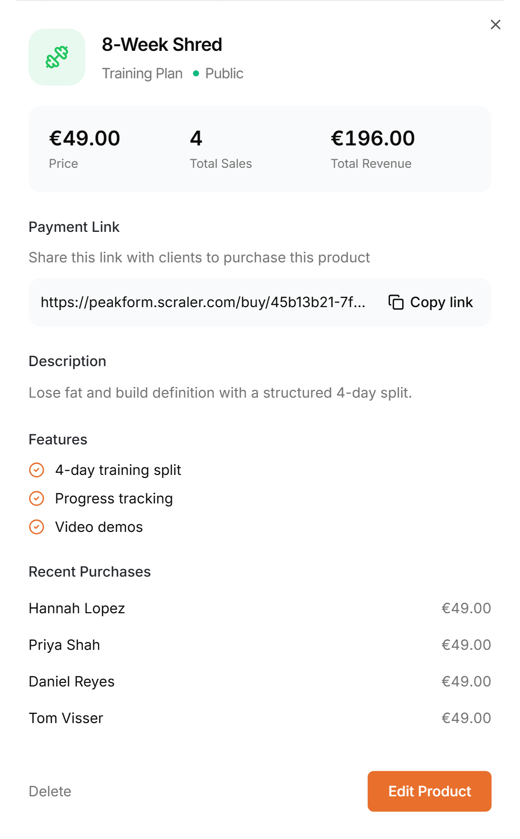 A product with sales, its payment link and recent purchases