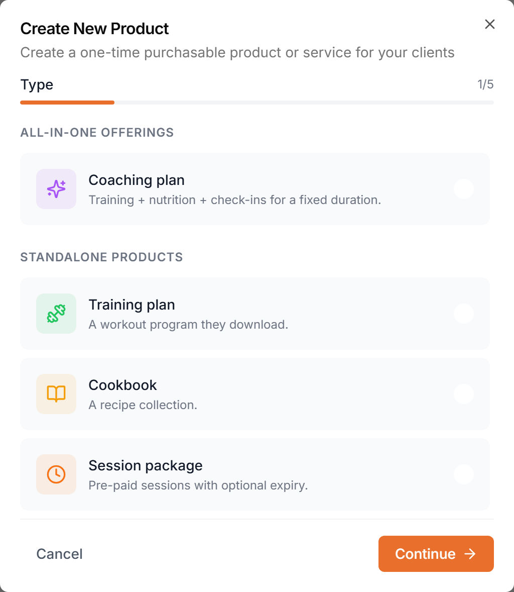 The first step of the product wizard