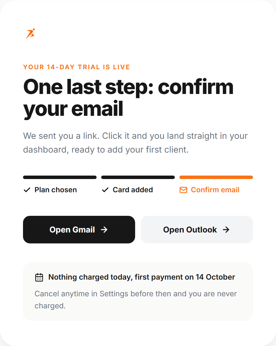 Your trial is live screen asking you to confirm your email