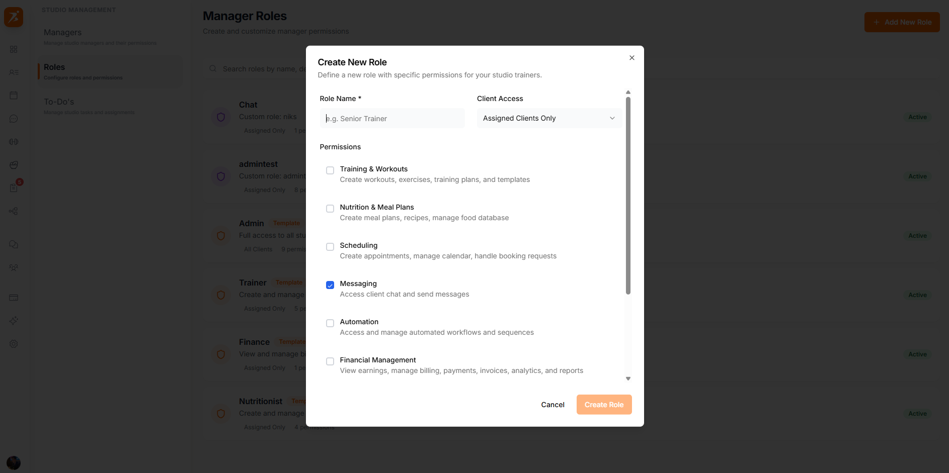 Role permissions settings