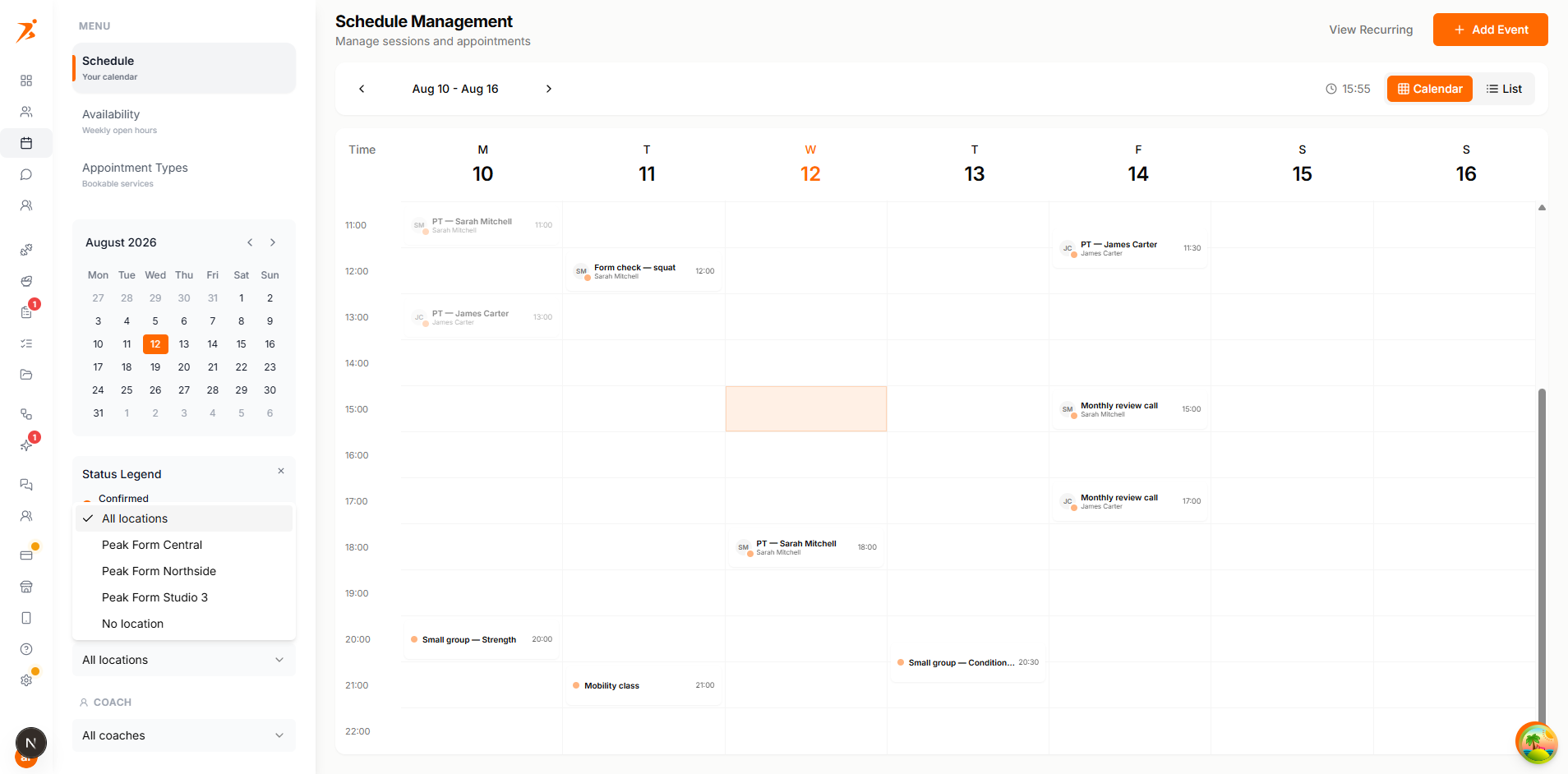 Location filter on the schedule sidebar