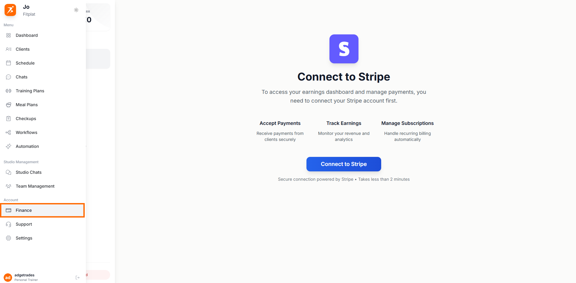 Finance page with Settings tab selected