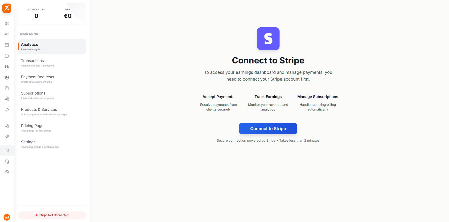 Stripe Connect card showing not connected state