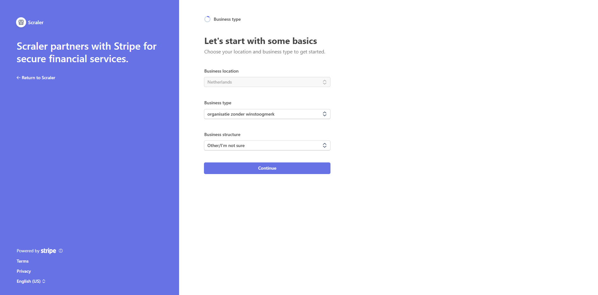 Stripe onboarding form