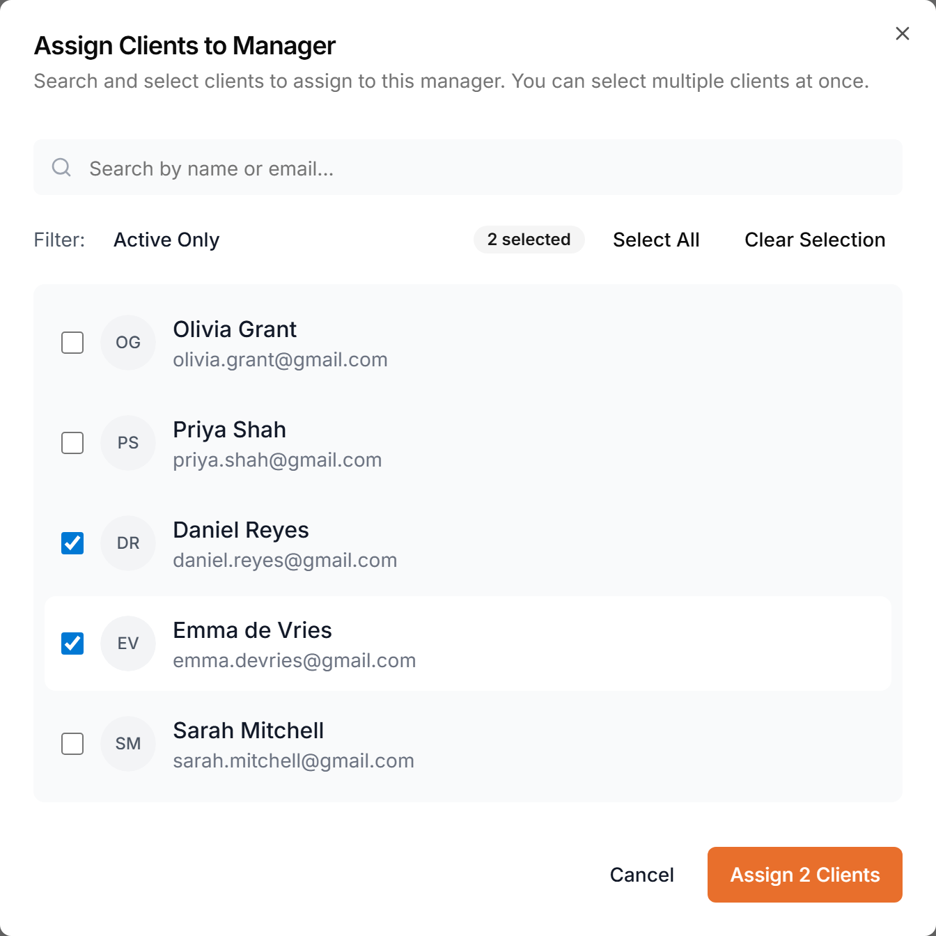 The Assign Clients to Manager dialog