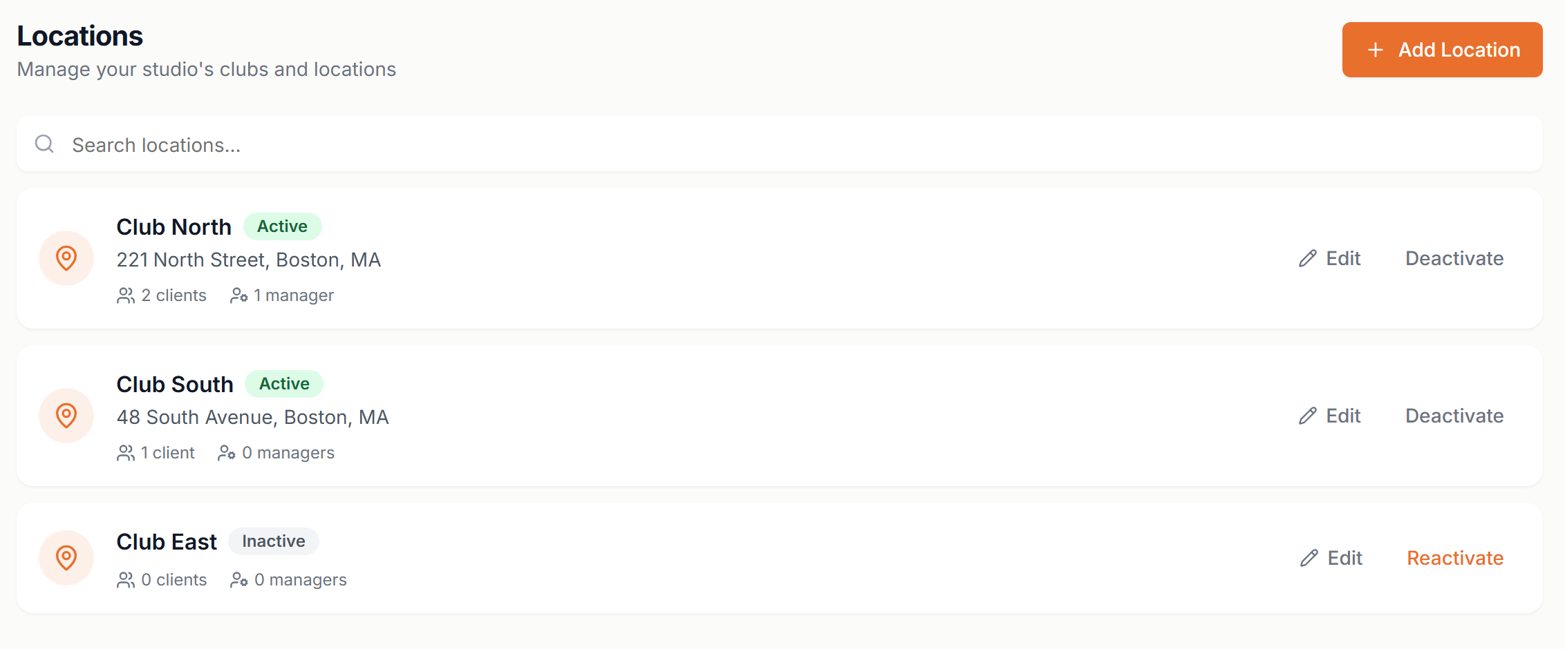 The Locations list with an active and an inactive location