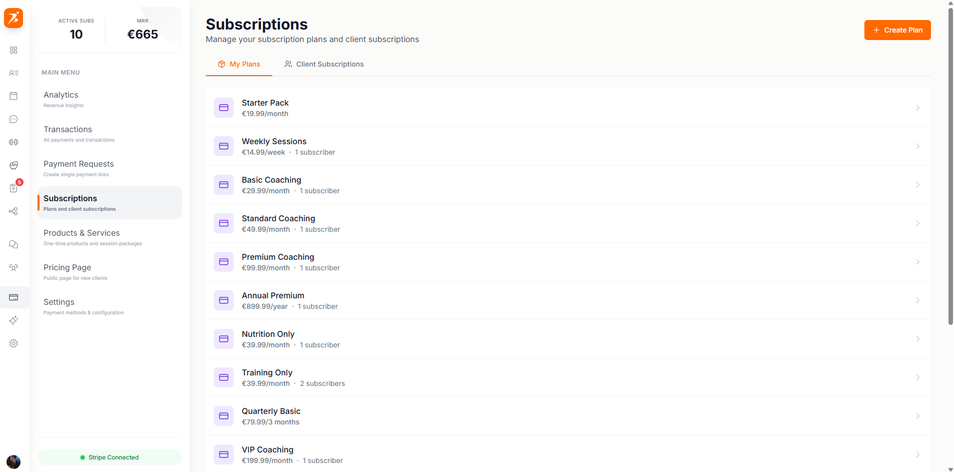 Subscription plans list