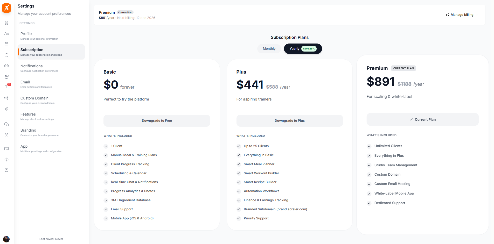Subscription settings page