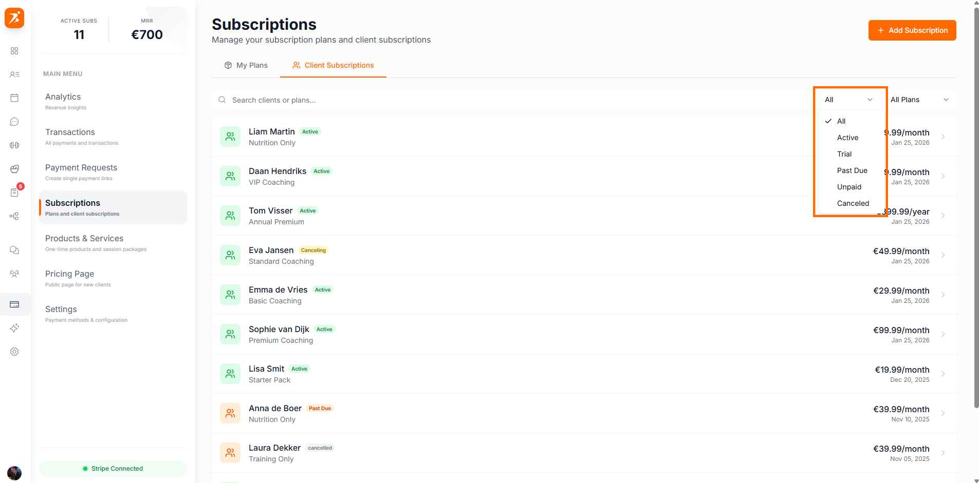 Subscription status reference table