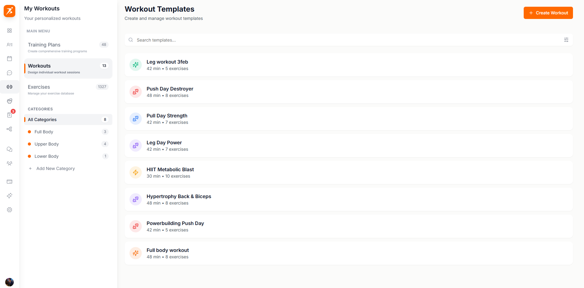 Workout templates library