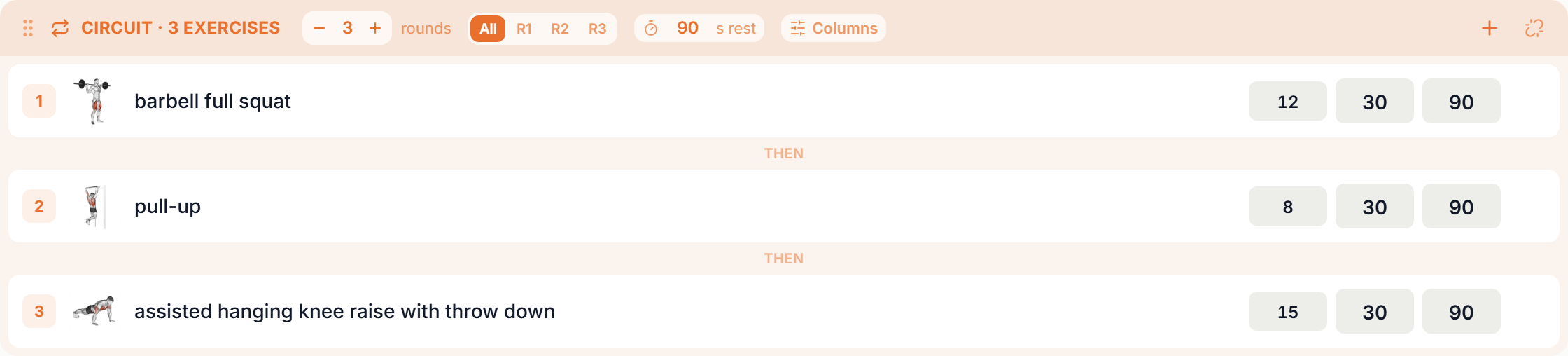A circuit of three exercises with rounds, round tabs and rest