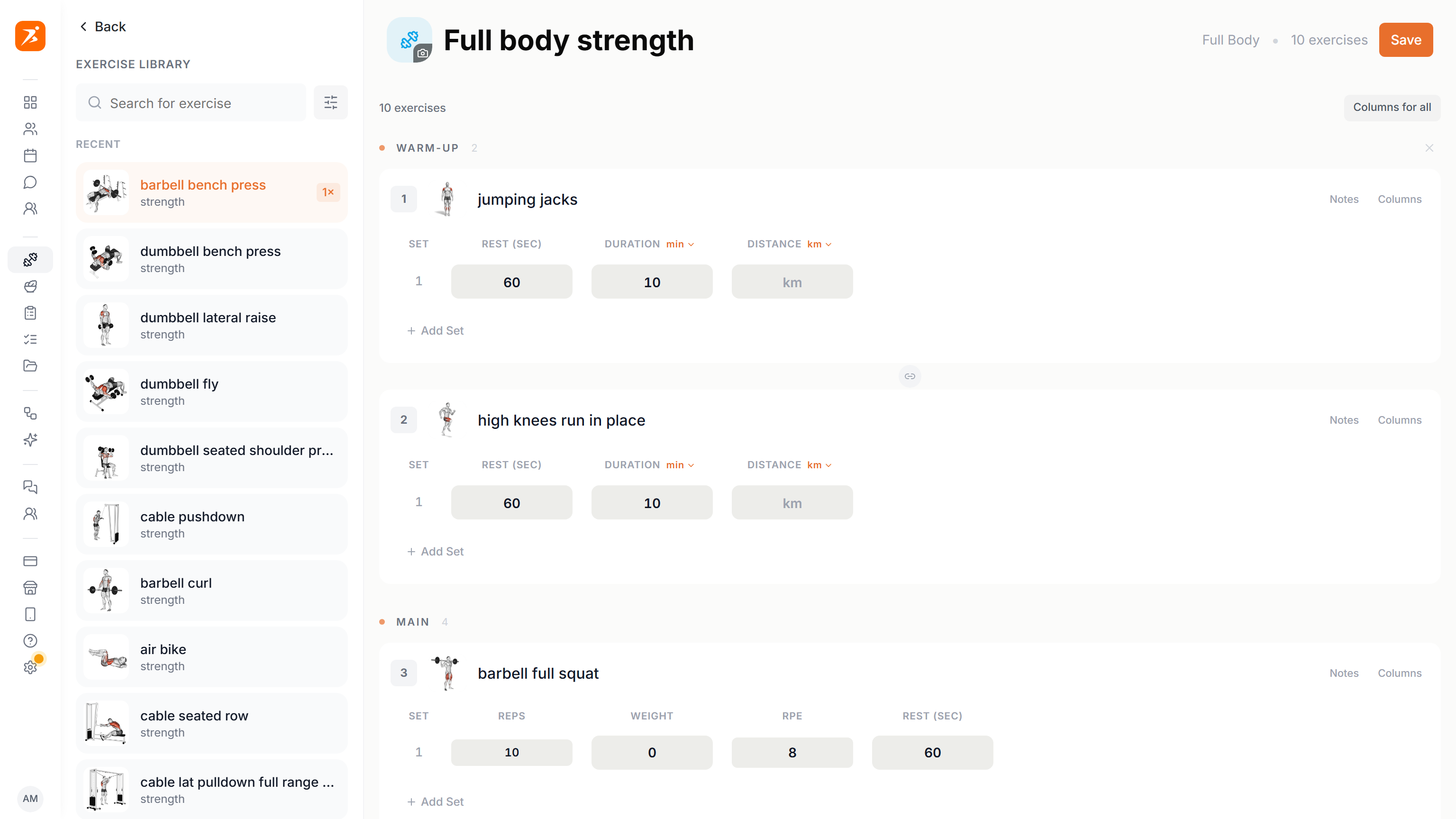 The workout builder with the exercise library on the left and a workout split into sections