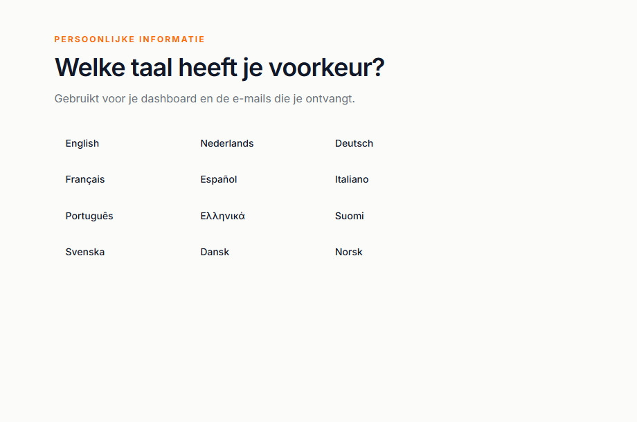 Clients confirm their language as the second step of onboarding, and the whole wizard switches instantly.