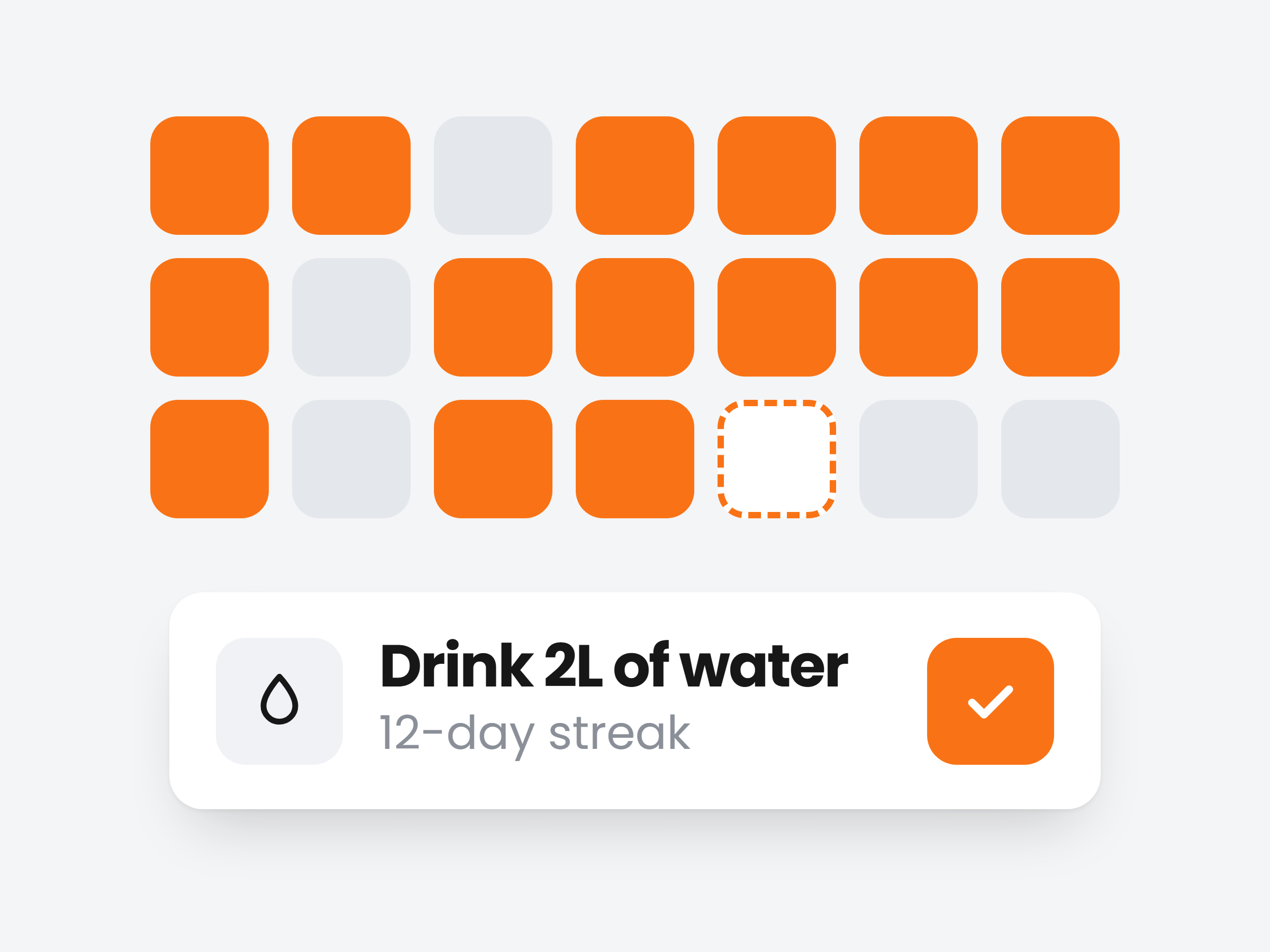 A habit streak grid with today's habit ticked off
