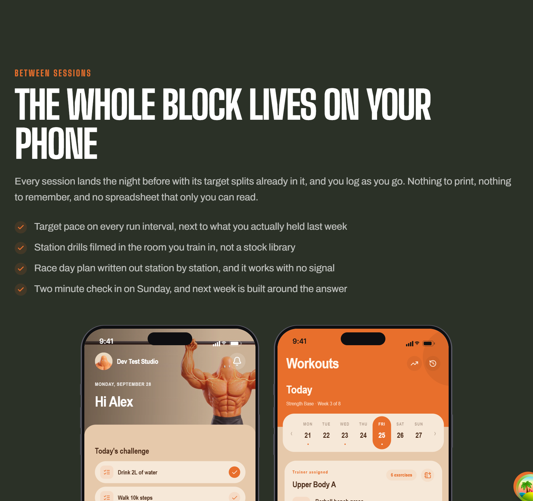 The Your app section shows your own app design on two phones, so visitors see what they get before they buy.
