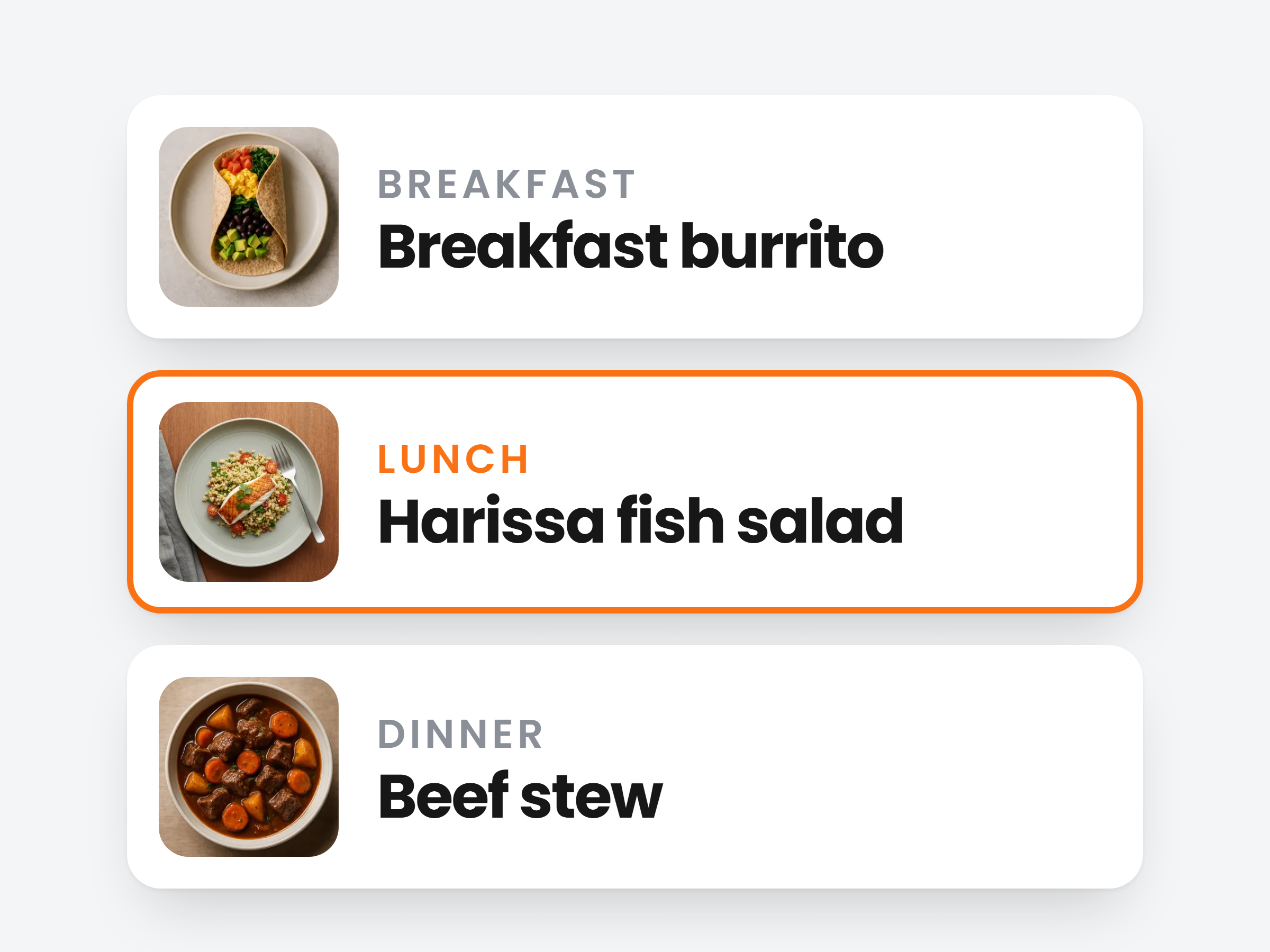 A day of meals with breakfast, lunch and dinner recipes